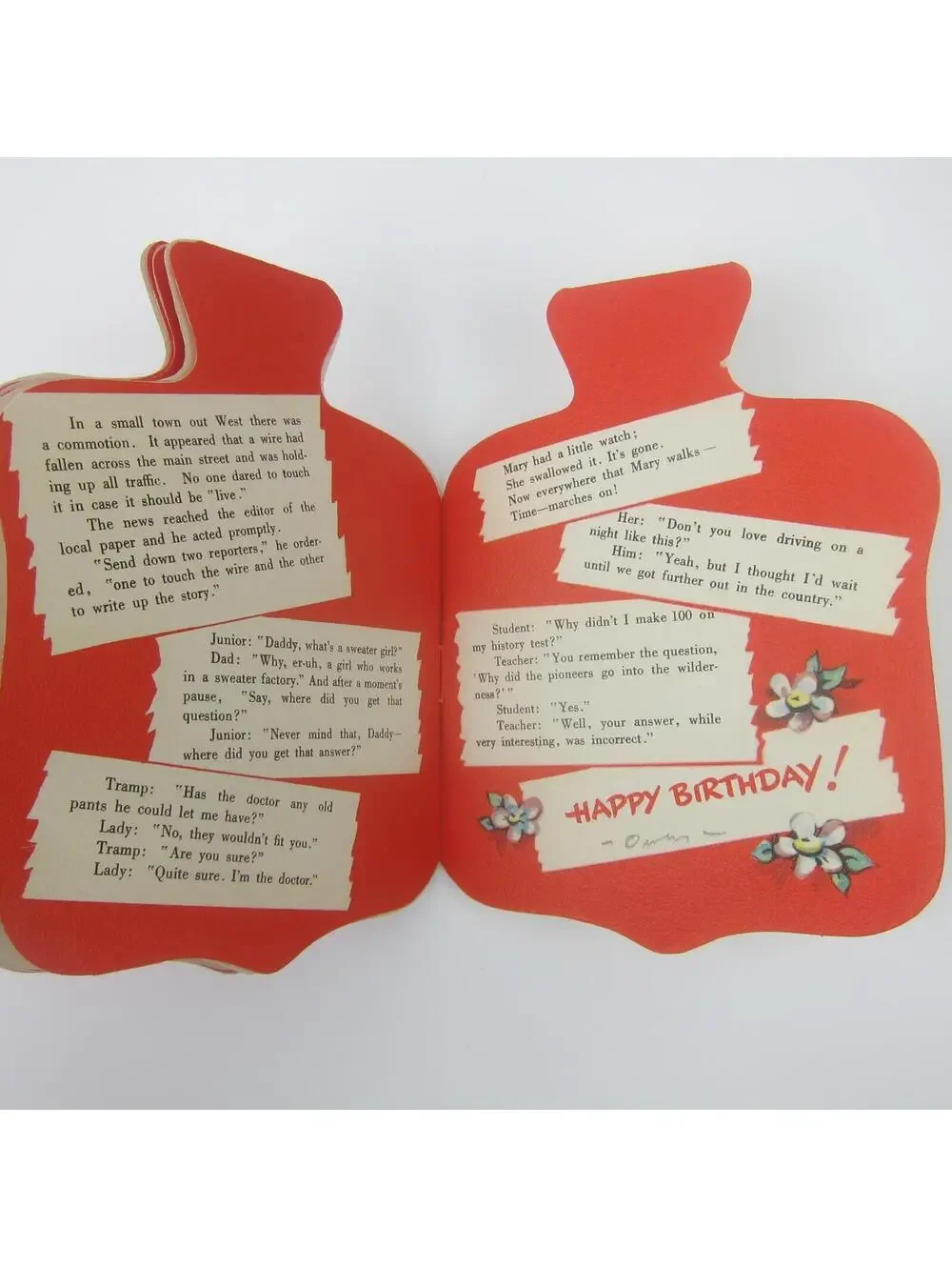Vintage Birthday Card Anthropomorphic Hot Water Bottle Six Pages of Jokes 1950s